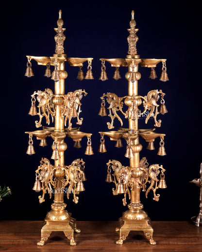 Pair of Tall Brass Peacock Lamps – Traditional Temple Samai 31 inch