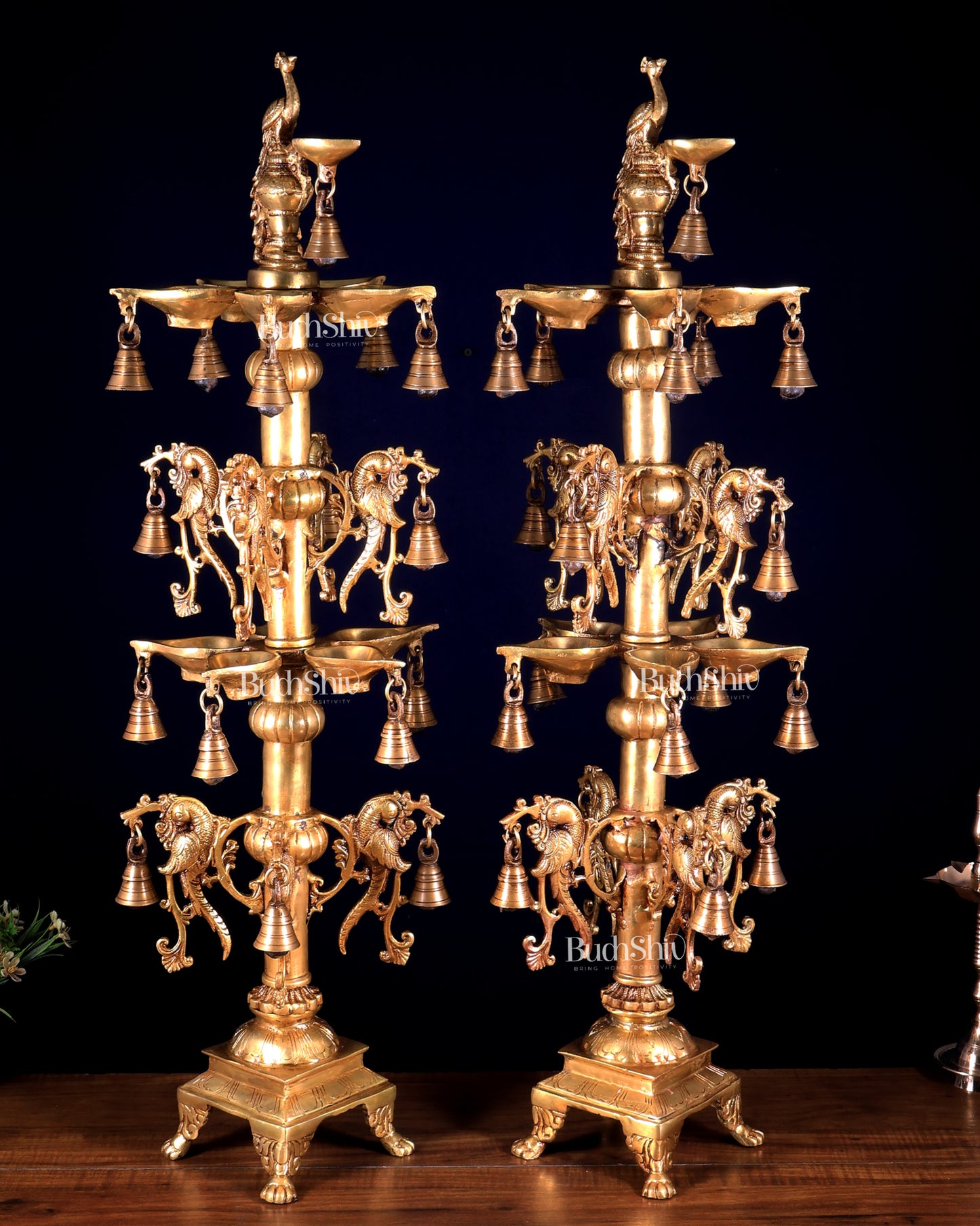 Pair of Tall Brass Peacock Lamps – Traditional Temple Samai 31 inch