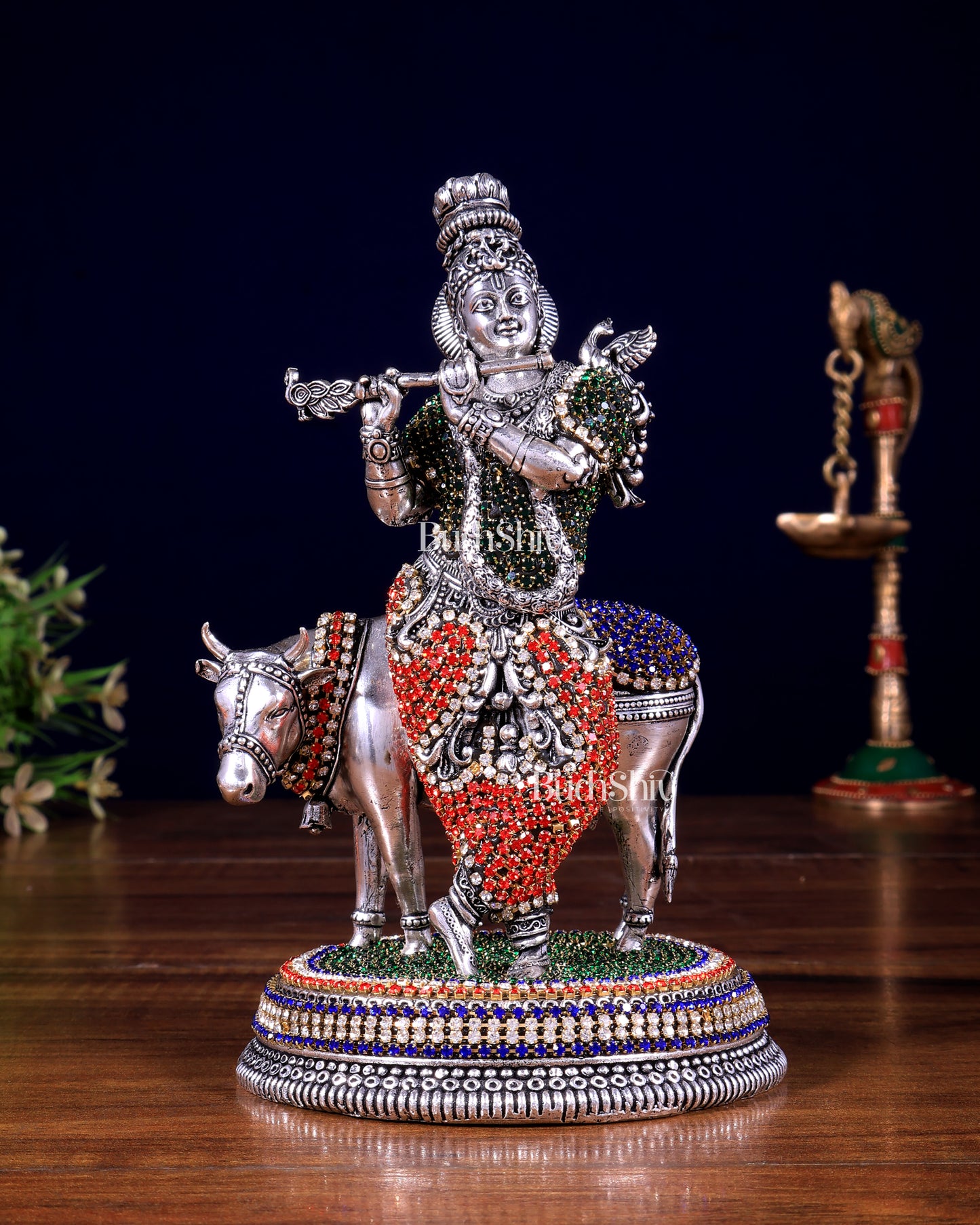 Superfine Brass Krishna with Cow idol silver plated with jewellers stonework - 7"
