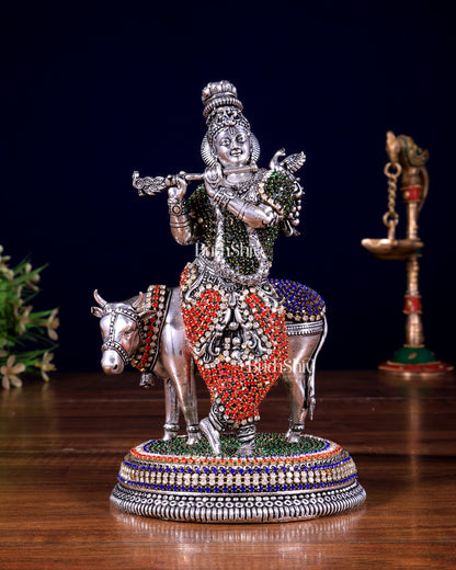 Superfine Brass Krishna with Cow idol silver plated with jewellers stonework - 7"