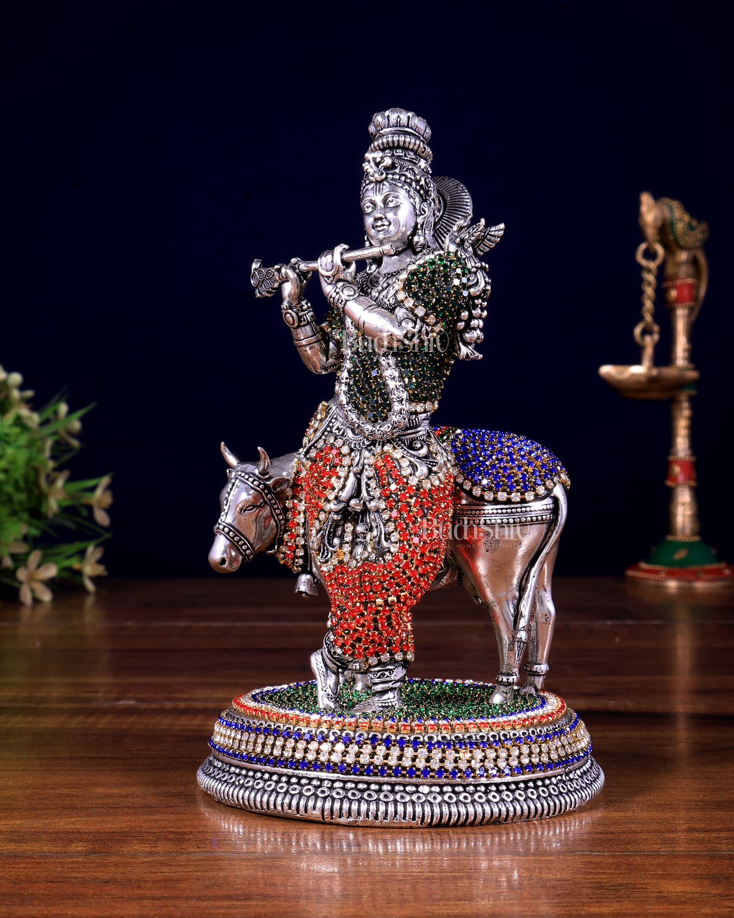 Superfine Brass Krishna with Cow idol silver plated with jewellers stonework - 7"