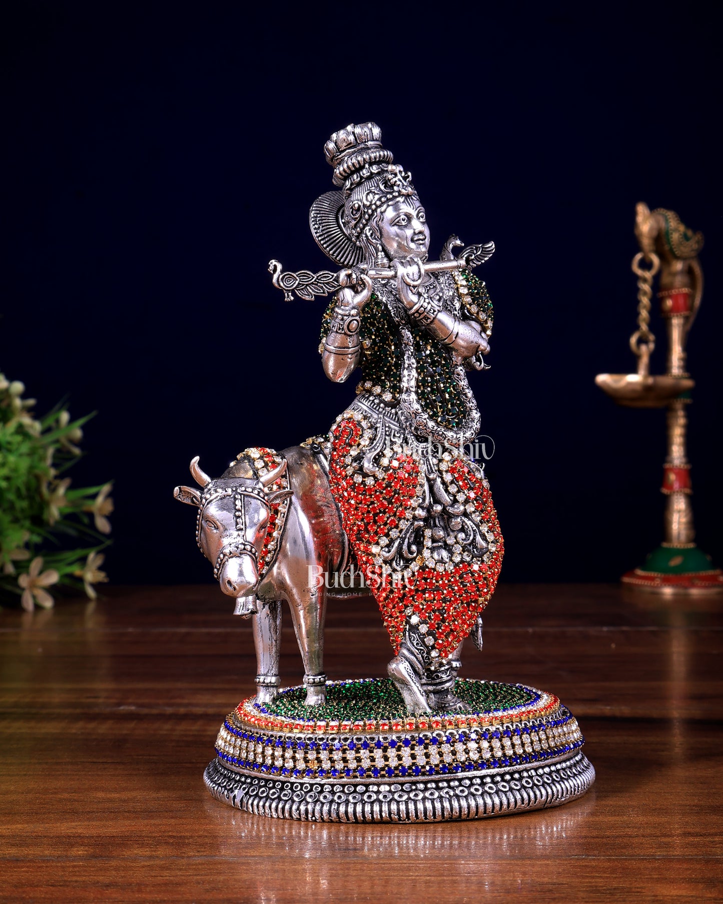 Superfine Brass Krishna with Cow idol silver plated with jewellers stonework - 7"