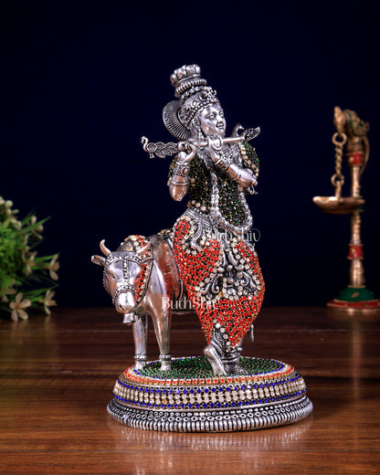 Superfine Brass Krishna with Cow idol silver plated with jewellers stonework - 7"