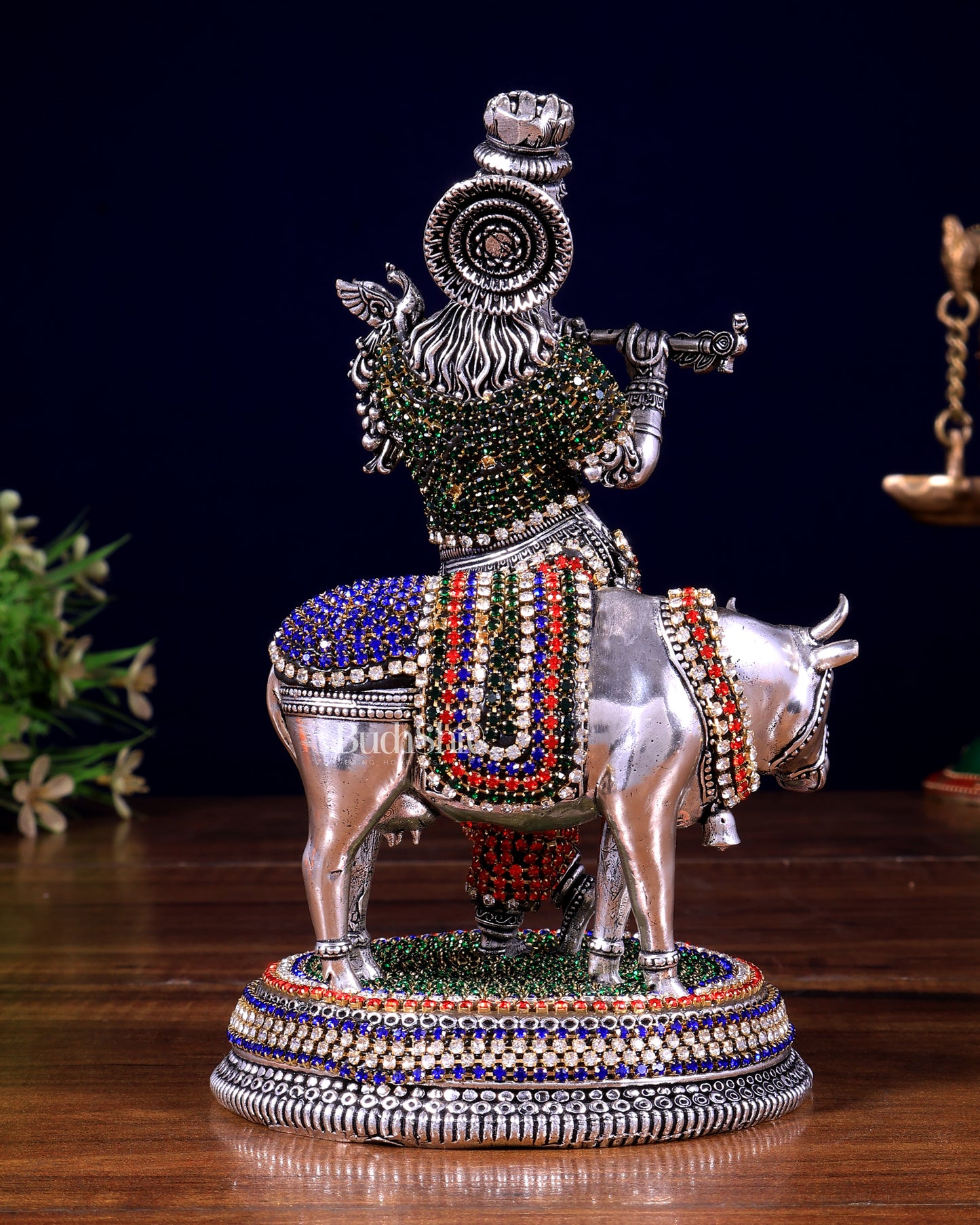 Superfine Brass Krishna with Cow idol silver plated with jewellers stonework - 7"