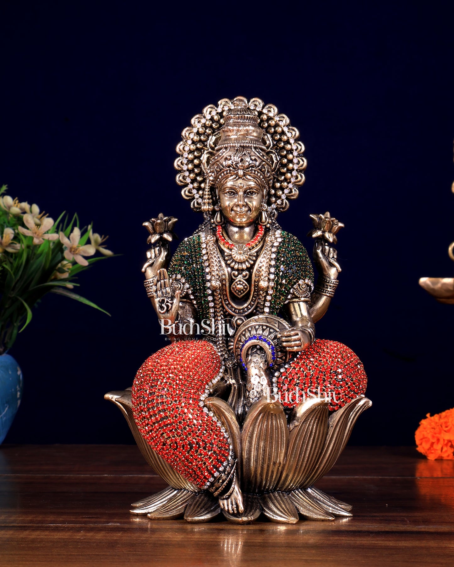 Brass Superfine Lakshmi Idol - lotus base jewellery work