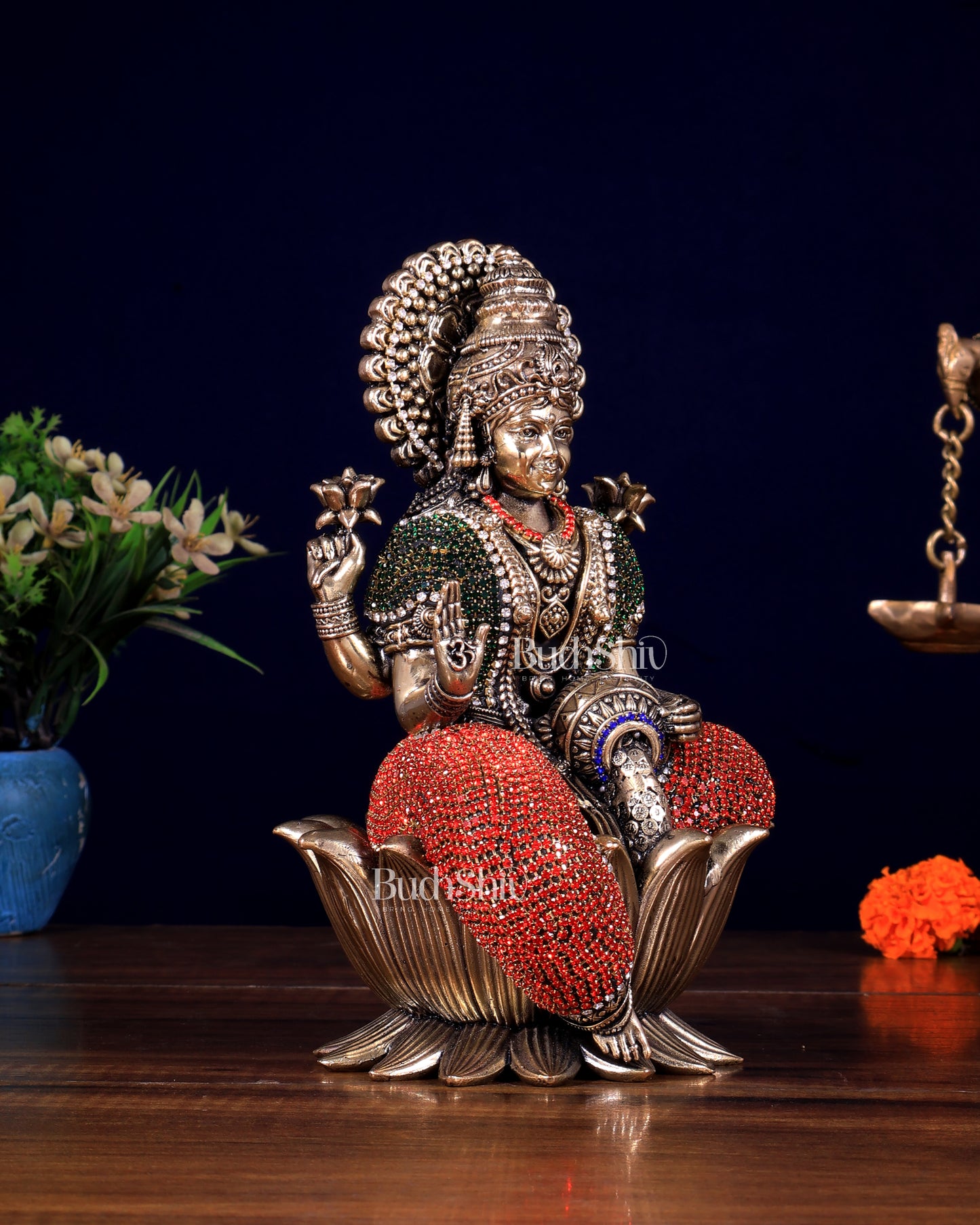 Brass Superfine Lakshmi Idol - lotus base jewellery work