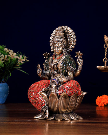 Brass Superfine Lakshmi Idol - lotus base jewellery work