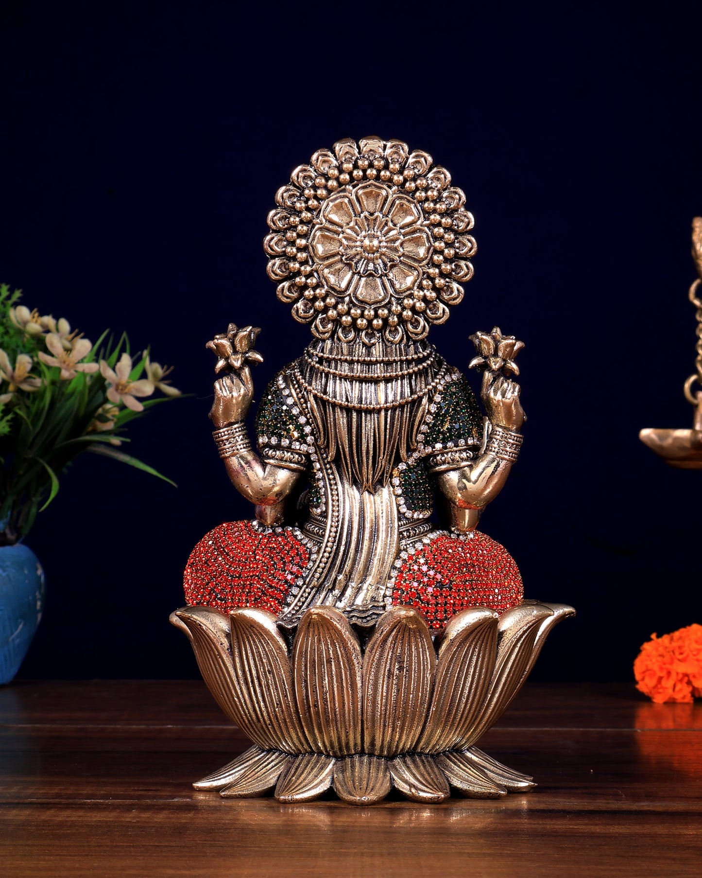 Brass Superfine Lakshmi Idol - lotus base jewellery work