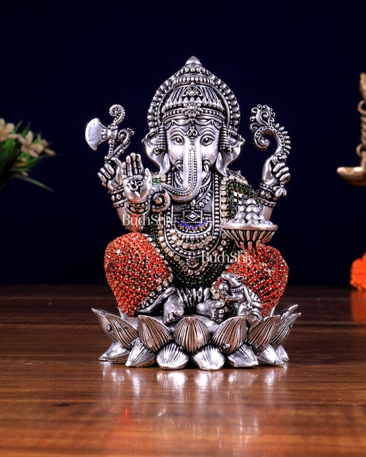 Silver plated Brass Superfine Ganesha Right trunk Idol - 5" Tall