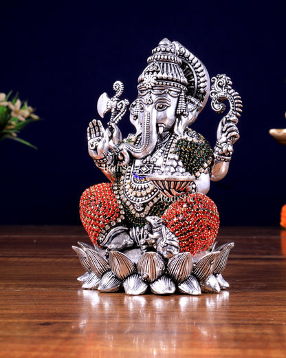 Silver plated Brass Superfine Ganesha Right trunk Idol - 5" Tall