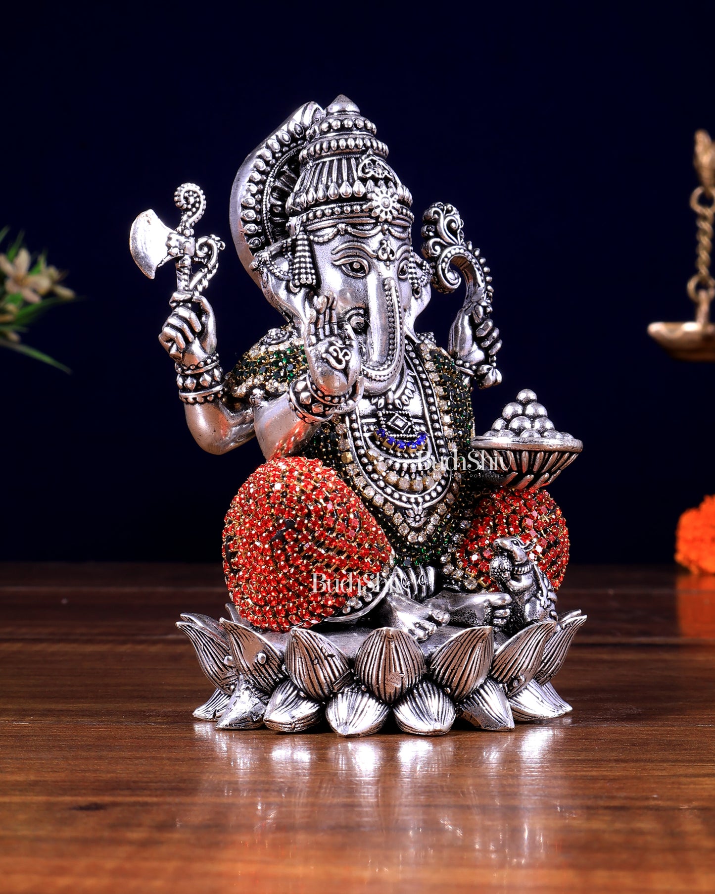 Silver plated Brass Superfine Ganesha Right trunk Idol - 5" Tall