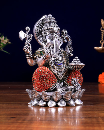 Silver plated Brass Superfine Ganesha Right trunk Idol - 5" Tall