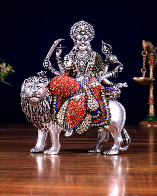 Brass Goddess Durga (Ambe Mata) Idol on Lion silver plated Jewellers Meenakari