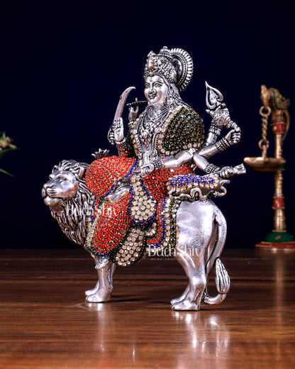 Brass Goddess Durga (Ambe Mata) Idol on Lion silver plated Jewellers Meenakari