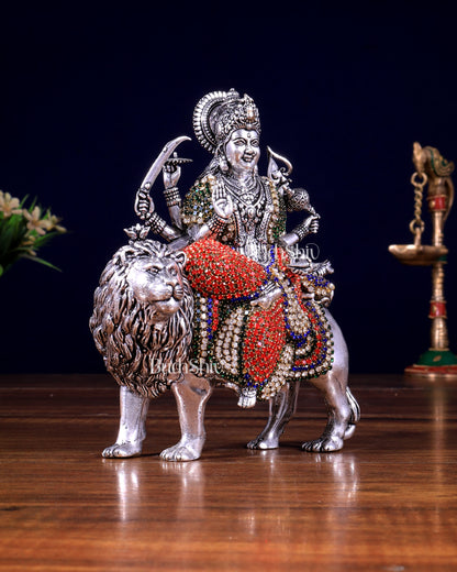 Brass Goddess Durga (Ambe Mata) Idol on Lion silver plated Jewellers Meenakari