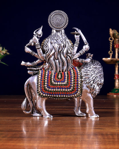 Brass Goddess Durga (Ambe Mata) Idol on Lion silver plated Jewellers Meenakari