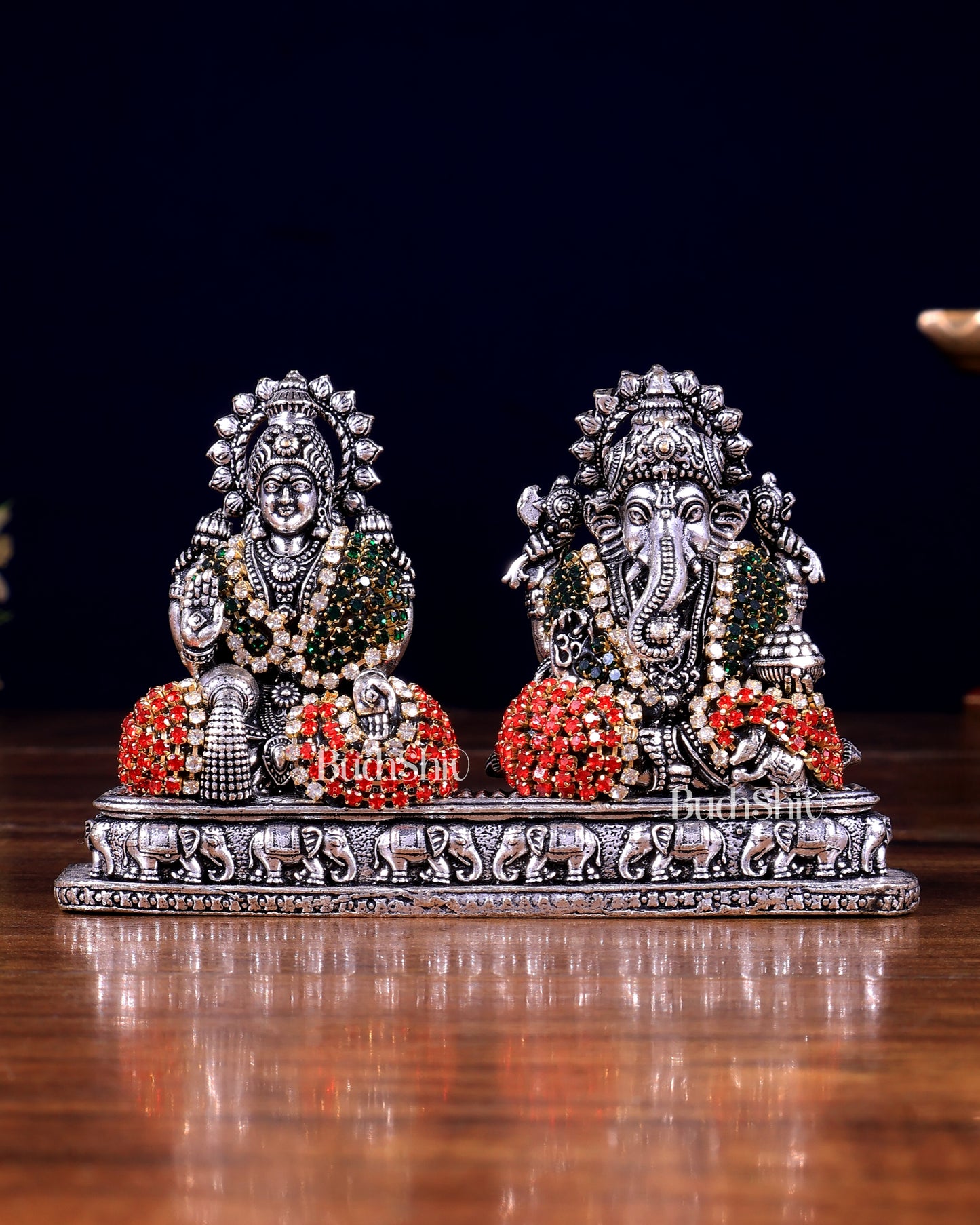 Silver plated Ganesh Lakshmi Brass Idol on Same Base - jewellery work , 3"