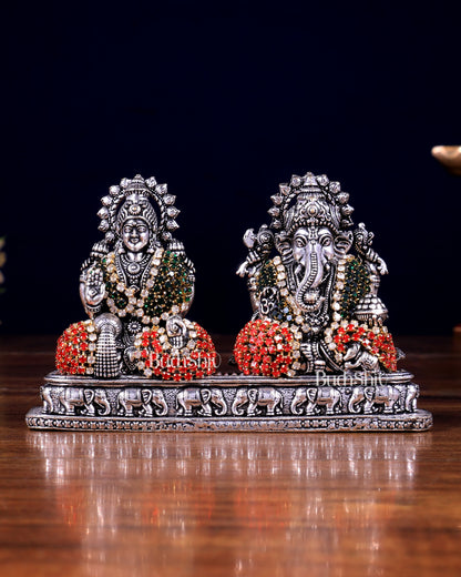 Silver plated Ganesh Lakshmi Brass Idol on Same Base - jewellery work , 3"
