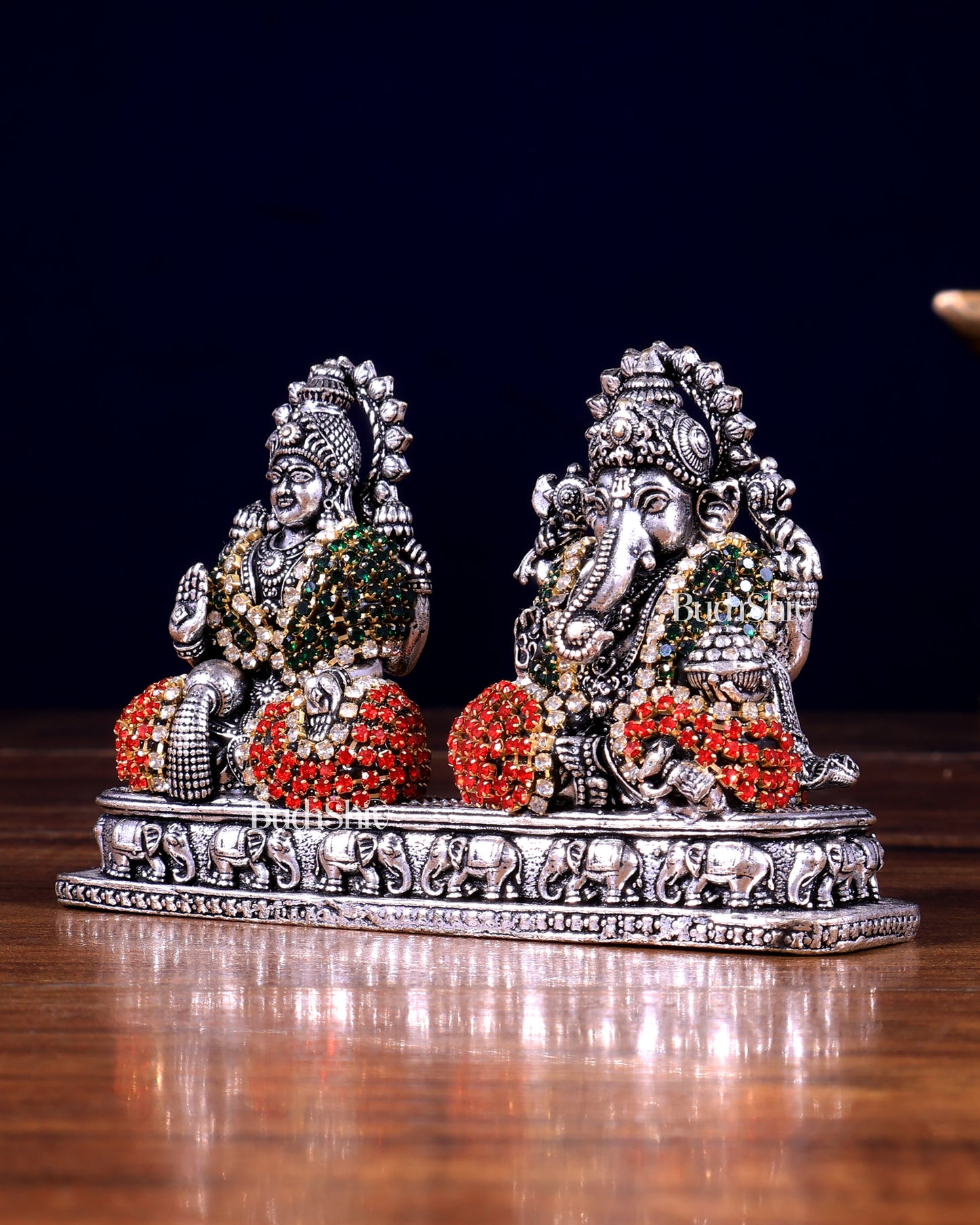 Silver plated Ganesh Lakshmi Brass Idol on Same Base - jewellery work , 3"