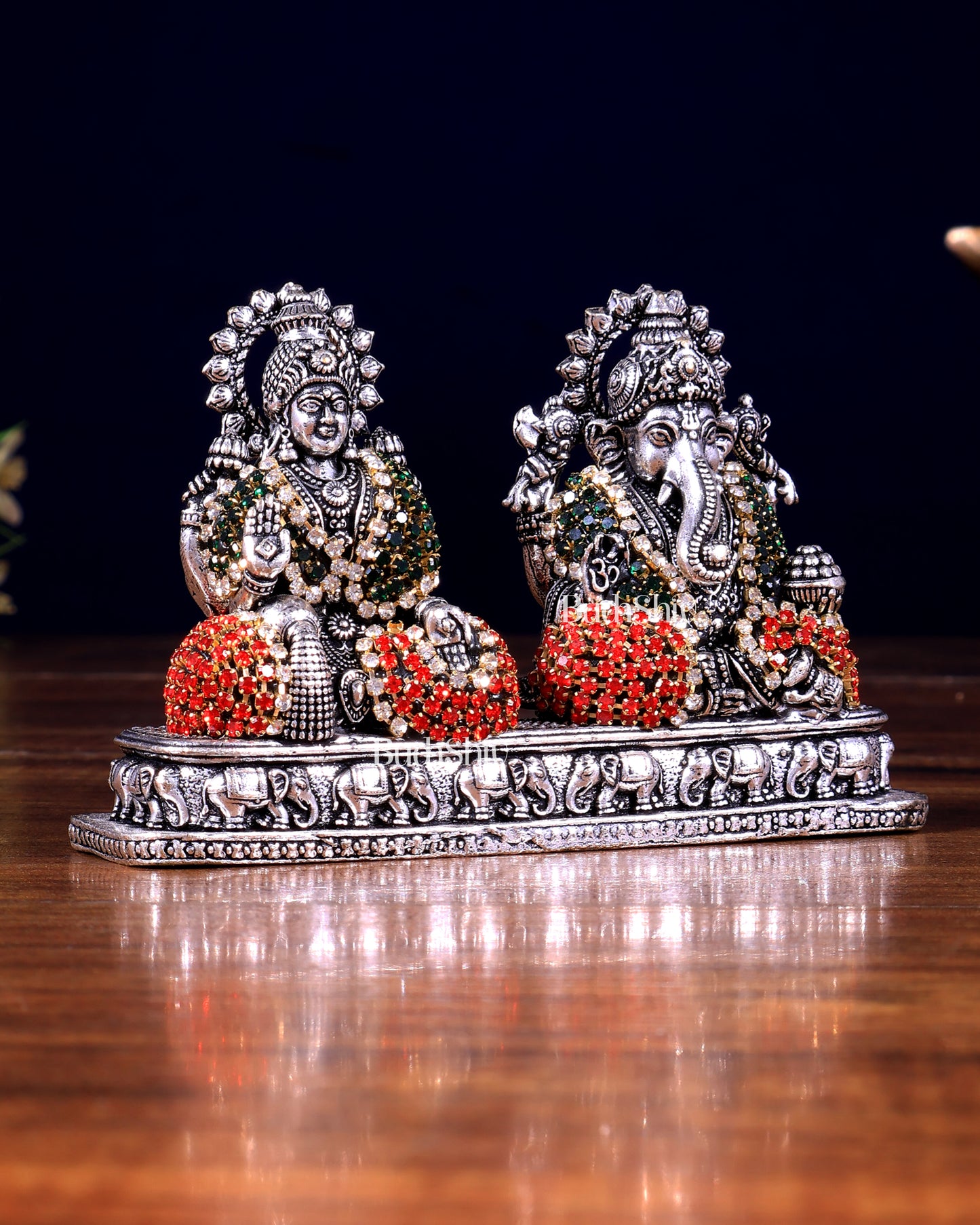 Silver plated Ganesh Lakshmi Brass Idol on Same Base - jewellery work , 3"
