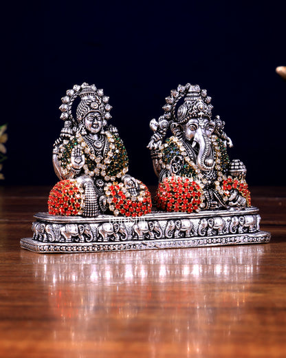 Silver plated Ganesh Lakshmi Brass Idol on Same Base - jewellery work , 3"