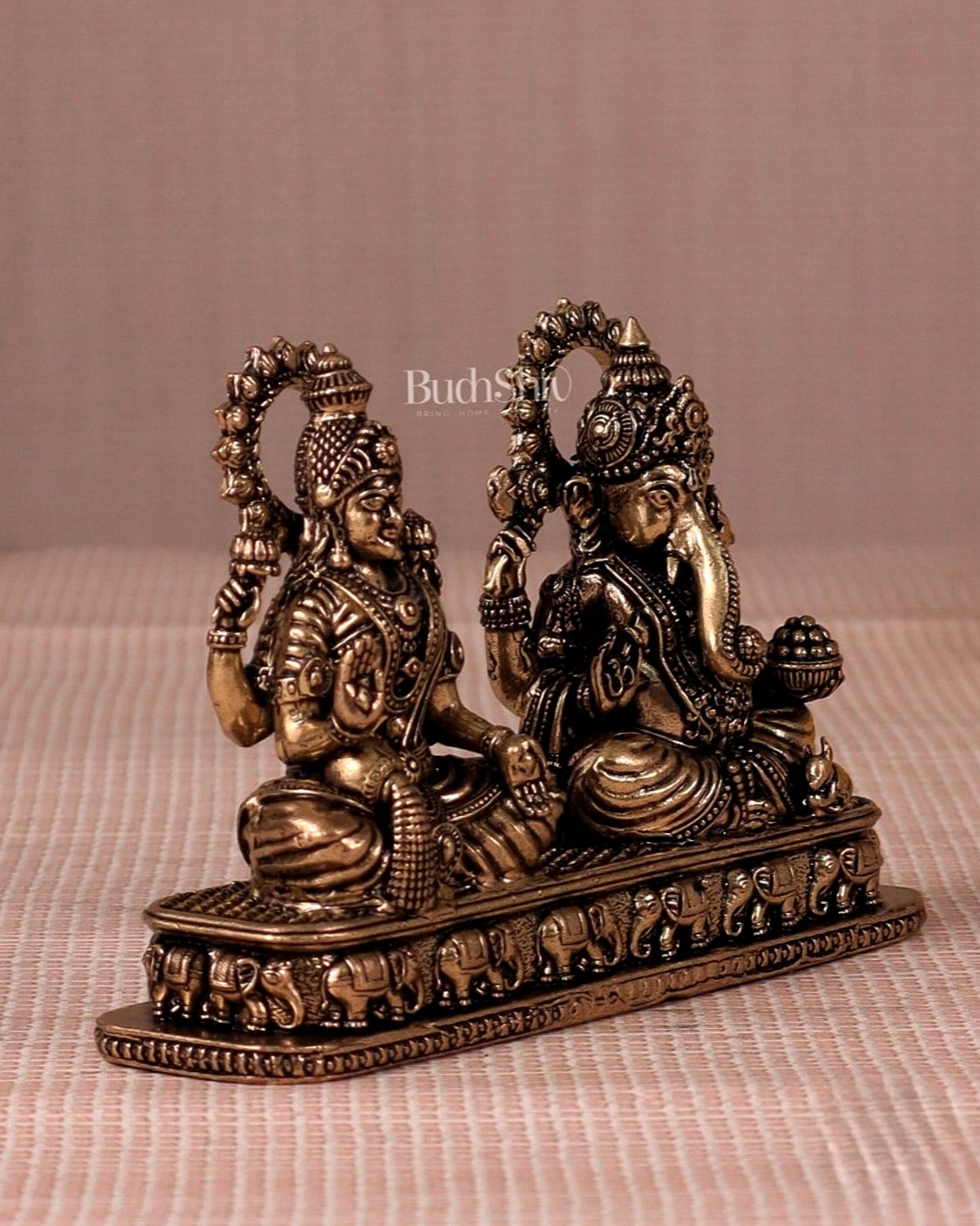 Ganesh Lakshmi Brass Idol on Same Base - Intricate Superfine, 3"