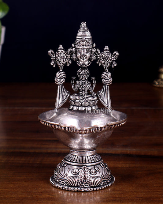 Brass Tirupati Balaji with Lakshmi Diya Oil Lamp silver plated 5.5 inch