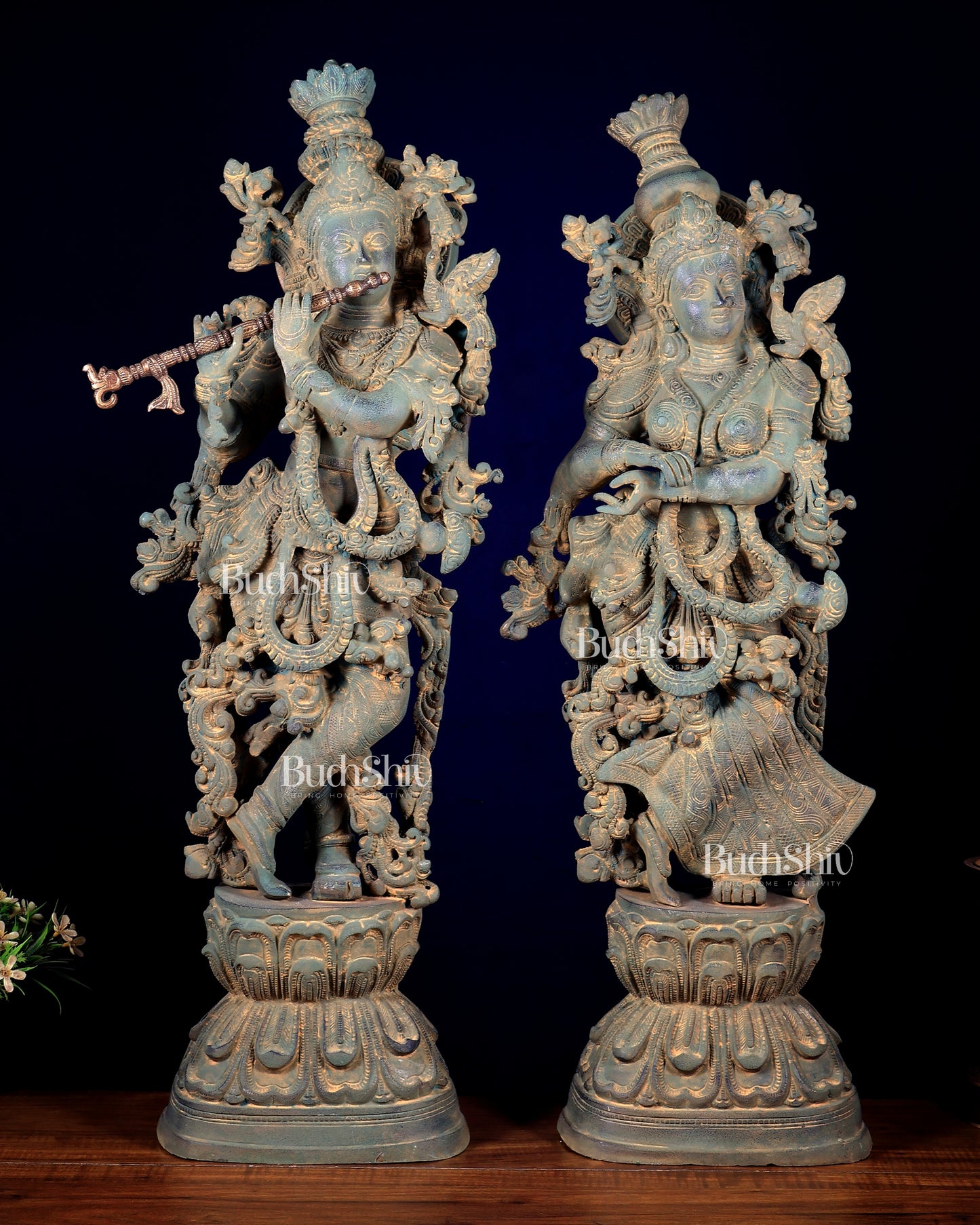 Pure Brass Radha Krishna Statue with Vintage Rustic Green Patina Finish 30 inch