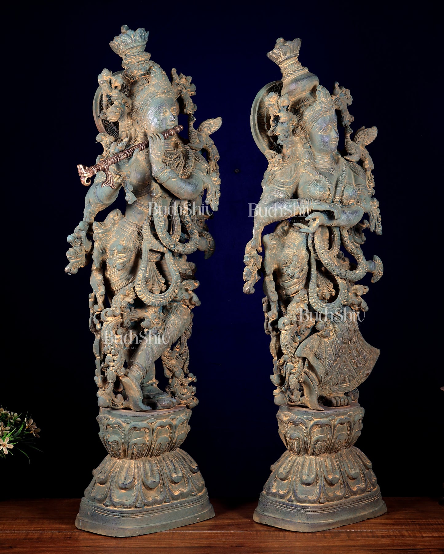 Pure Brass Radha Krishna Statue with Vintage Rustic Green Patina Finish 30 inch