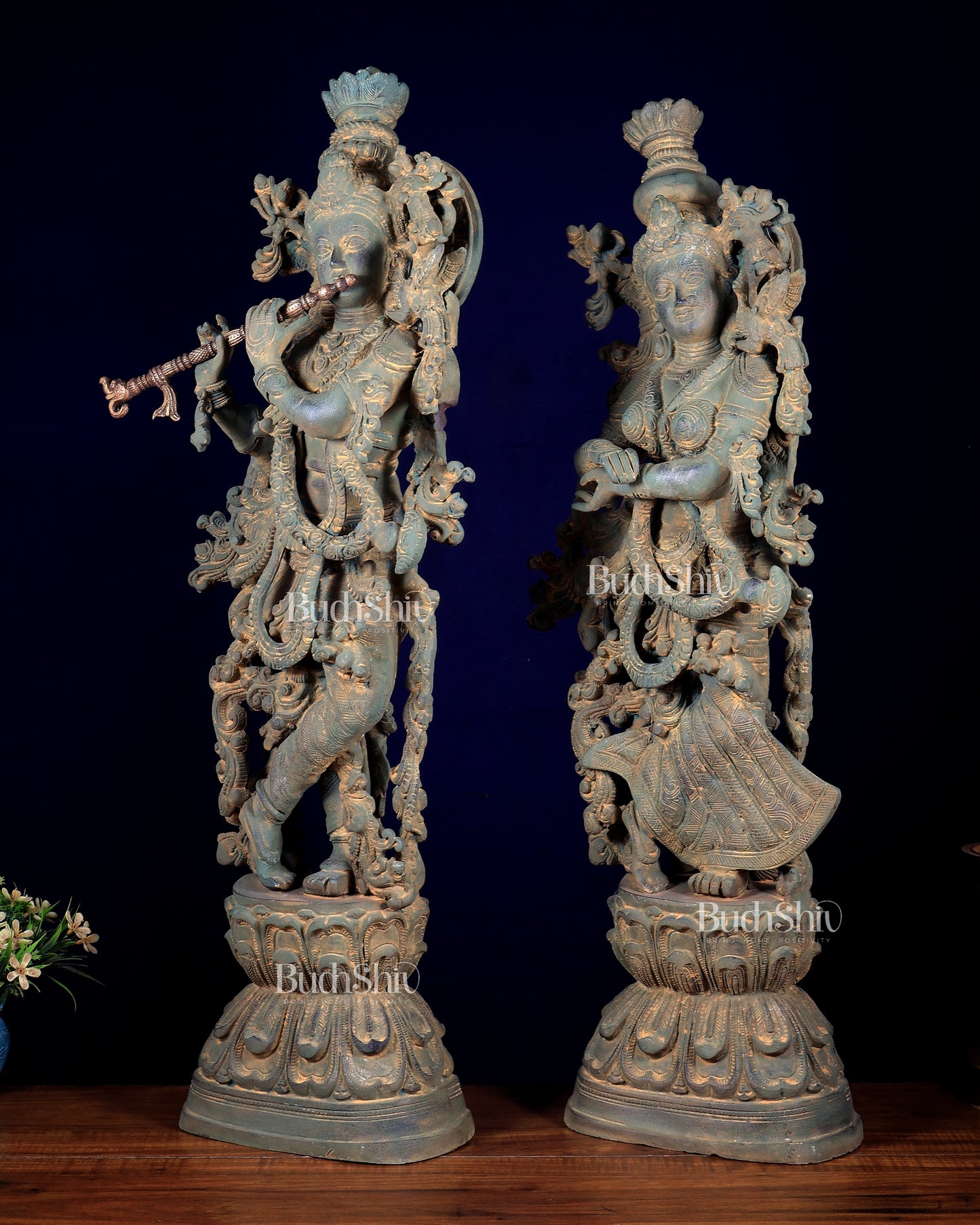Pure Brass Radha Krishna Statue with Vintage Rustic Green Patina Finish 30 inch