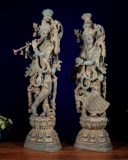Pure Brass Radha Krishna Statue with Vintage Rustic Green Patina Finish 30 inch