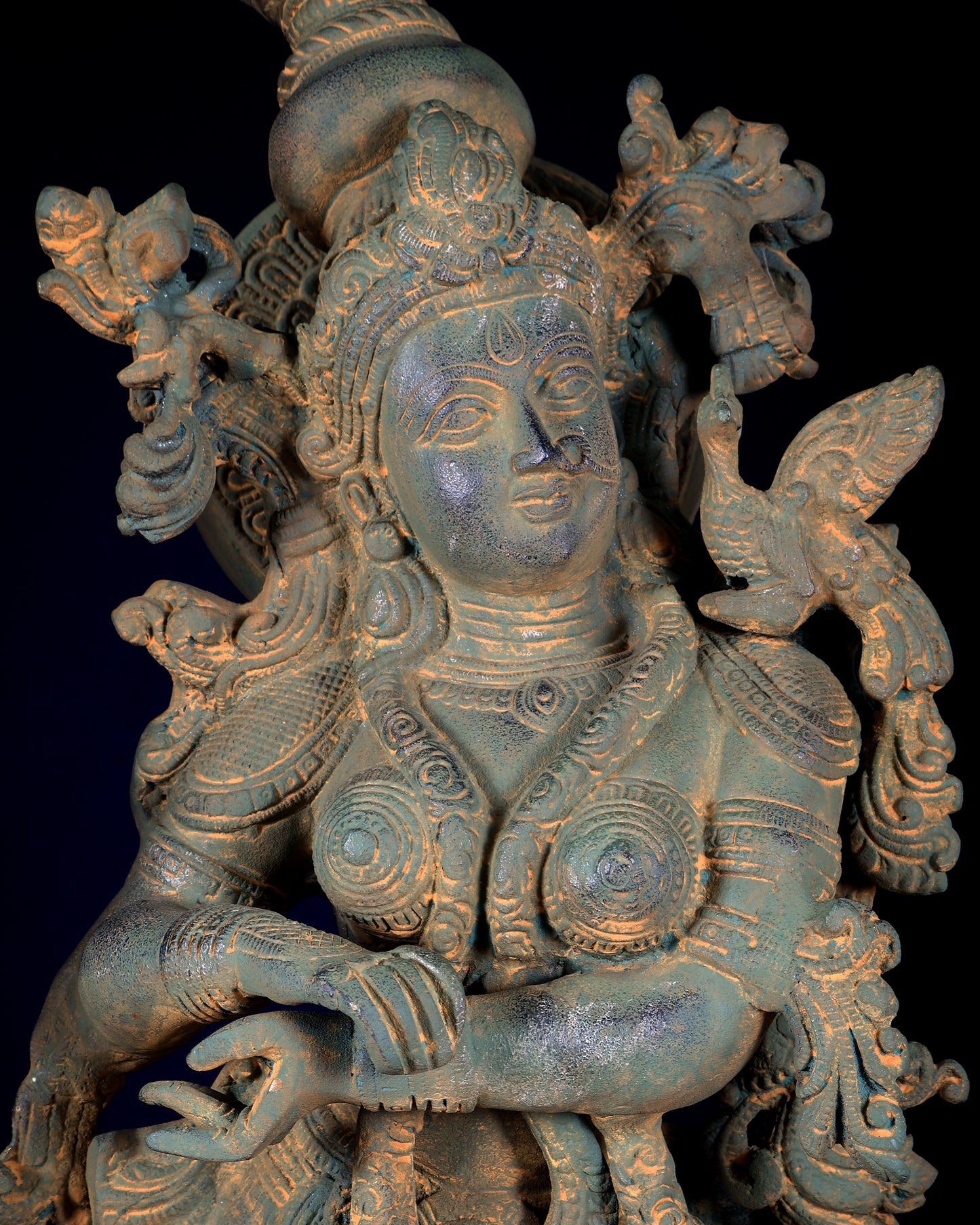 Pure Brass Radha Krishna Statue with Vintage Rustic Green Patina Finish 30 inch