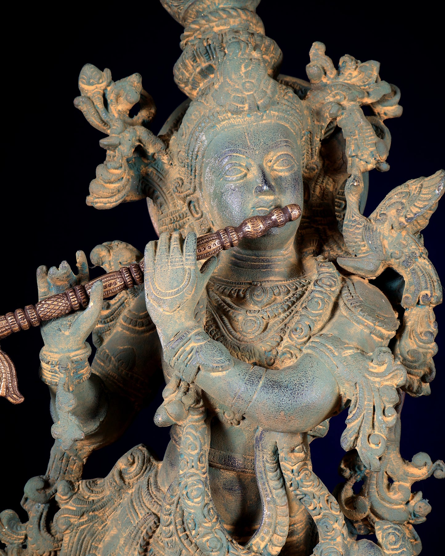 Pure Brass Radha Krishna Statue with Vintage Rustic Green Patina Finish 30 inch