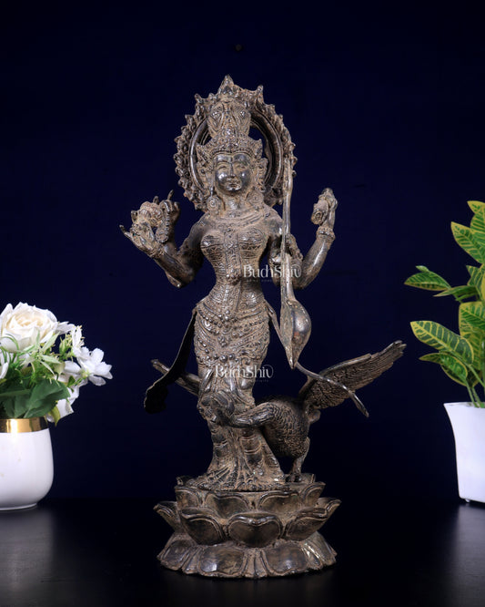 Vintage Standing Saraswati with swan Bronze Sculpture 14"