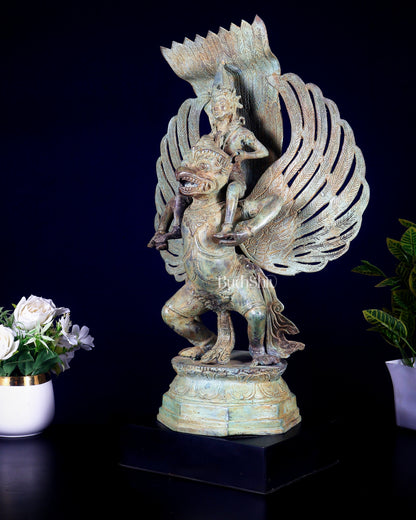 Bronze Lord Vishnu Riding on Garuda Sculpture | Lost Wax | 21" Height |