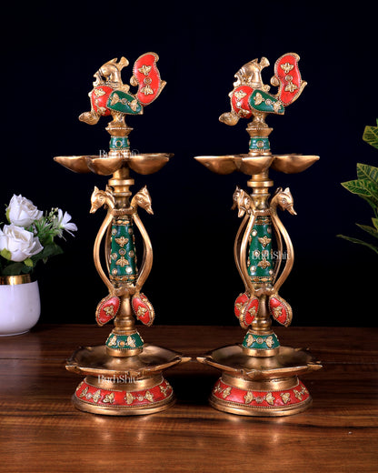Brass peacock lamp pair with meenakari Stonework 14.5 inch