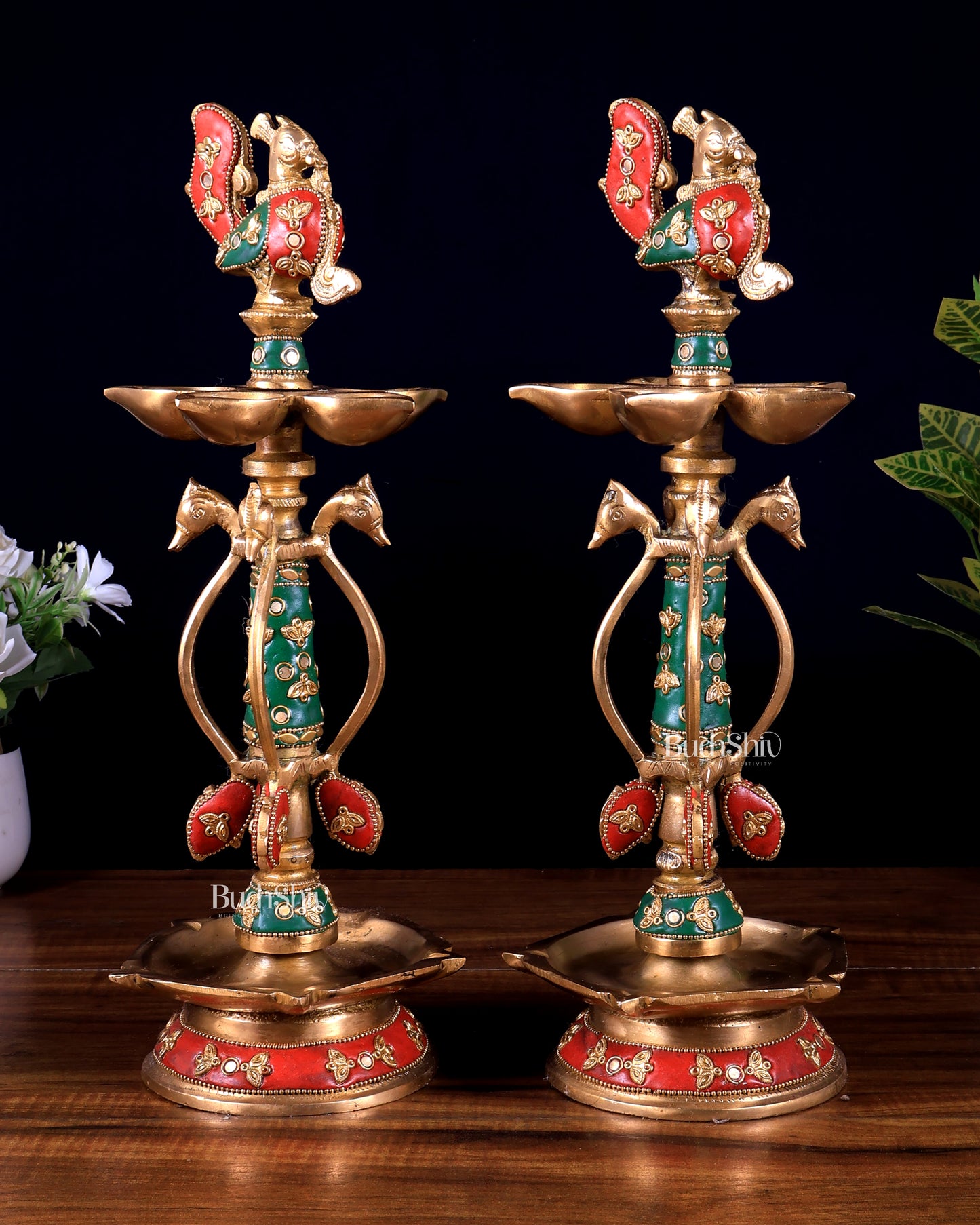 Brass peacock lamp pair with meenakari Stonework 14.5 inch