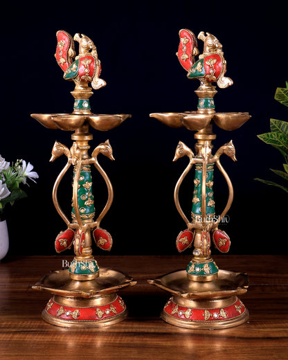 Brass peacock lamp pair with meenakari Stonework 14.5 inch