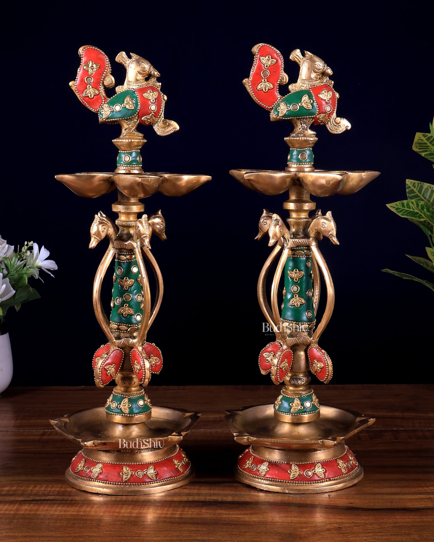 Brass peacock lamp pair with meenakari Stonework 14.5 inch