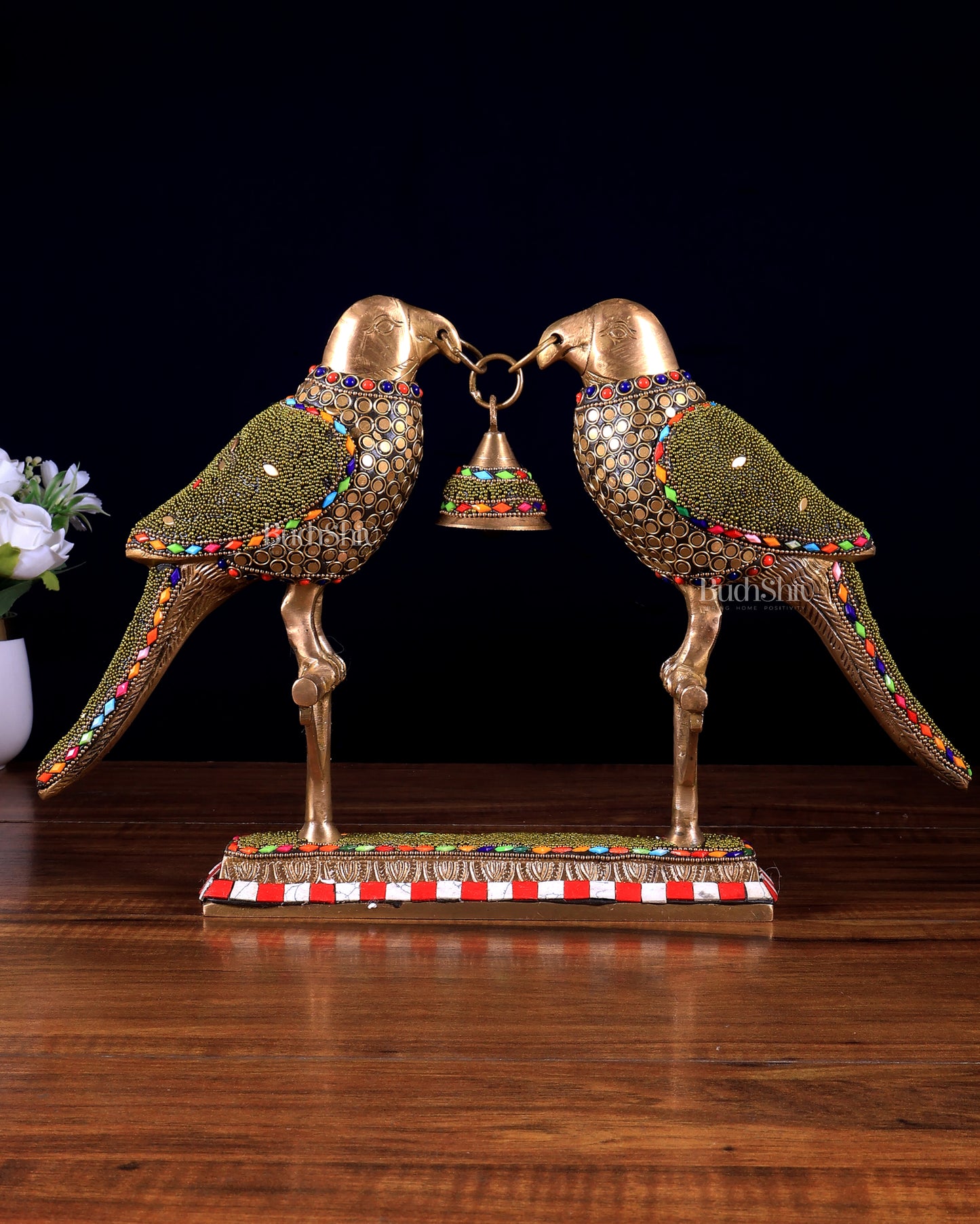 Pure Brass Twin Parrot Decorative Vastu Showpiece with Meenakari Stonework 14.5 inch wide