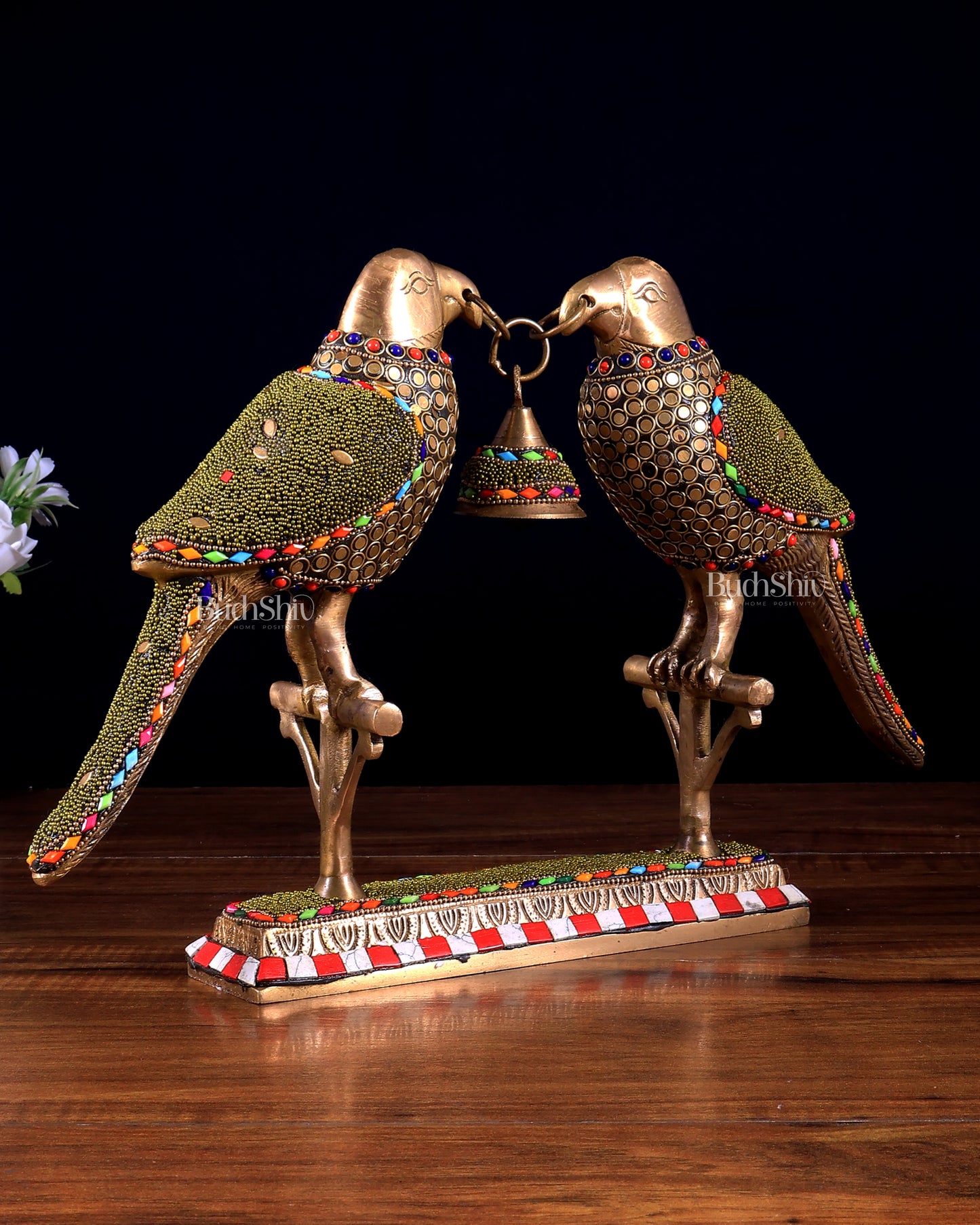 Pure Brass Twin Parrot Decorative Vastu Showpiece with Meenakari Stonework 14.5 inch wide