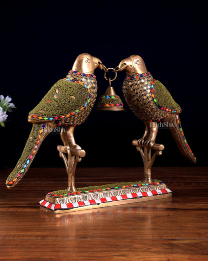 Pure Brass Twin Parrot Decorative Vastu Showpiece with Meenakari Stonework 14.5 inch wide