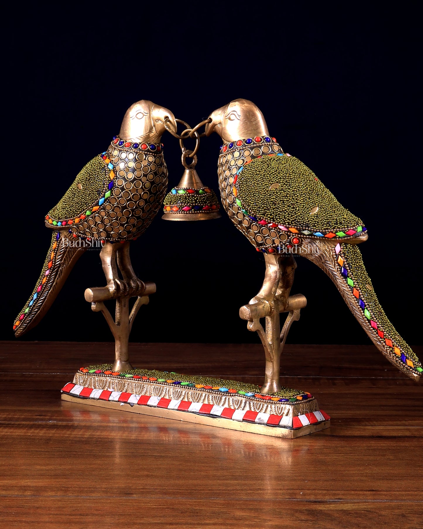 Pure Brass Twin Parrot Decorative Vastu Showpiece with Meenakari Stonework 14.5 inch wide