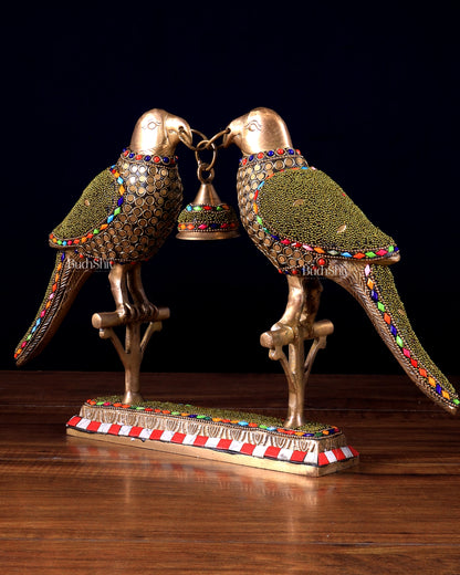 Pure Brass Twin Parrot Decorative Vastu Showpiece with Meenakari Stonework 14.5 inch wide