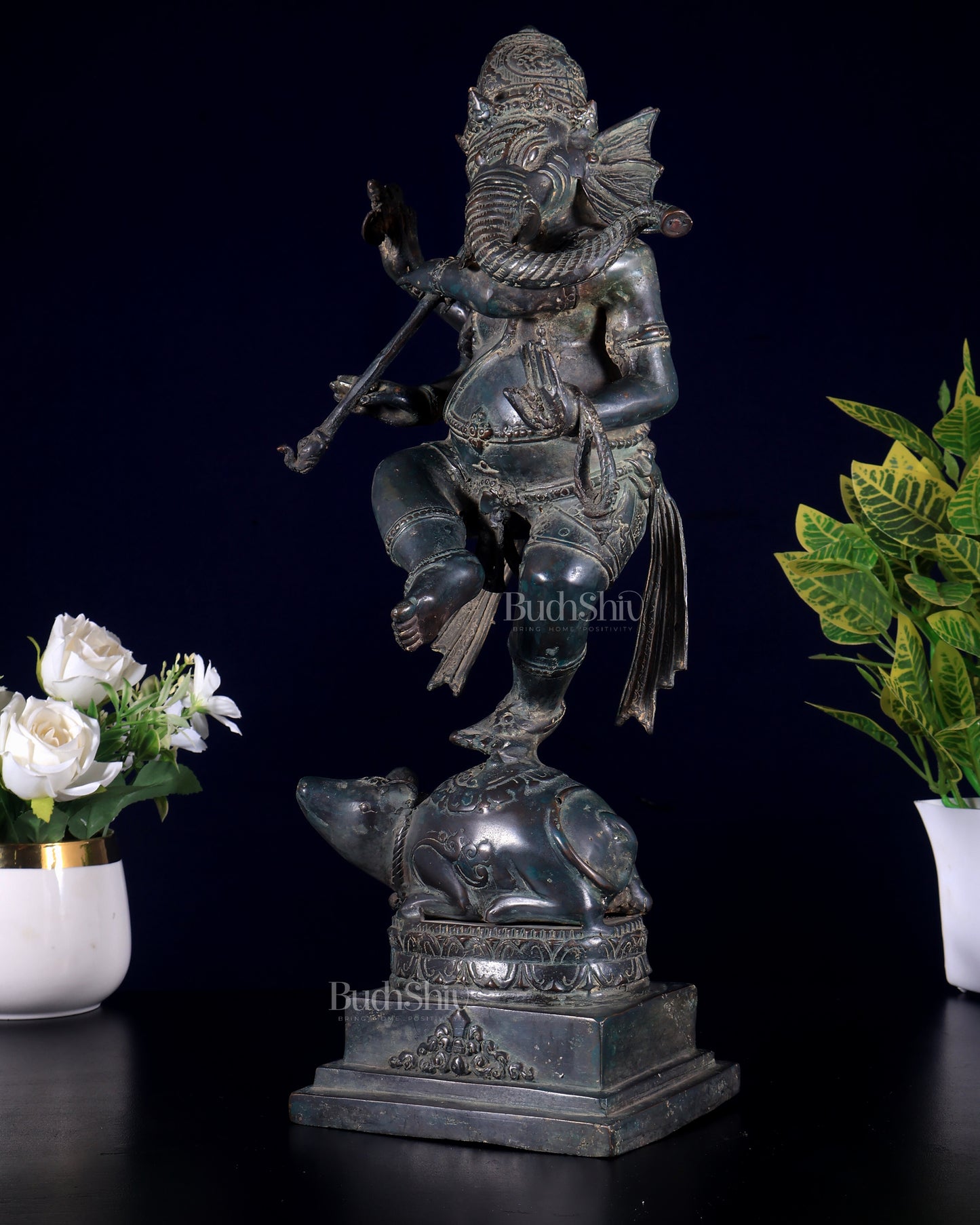 Bronze Dancing Ganesha Playing Flute on Mooshak statue | Lost Wax Casting | 16.5"
