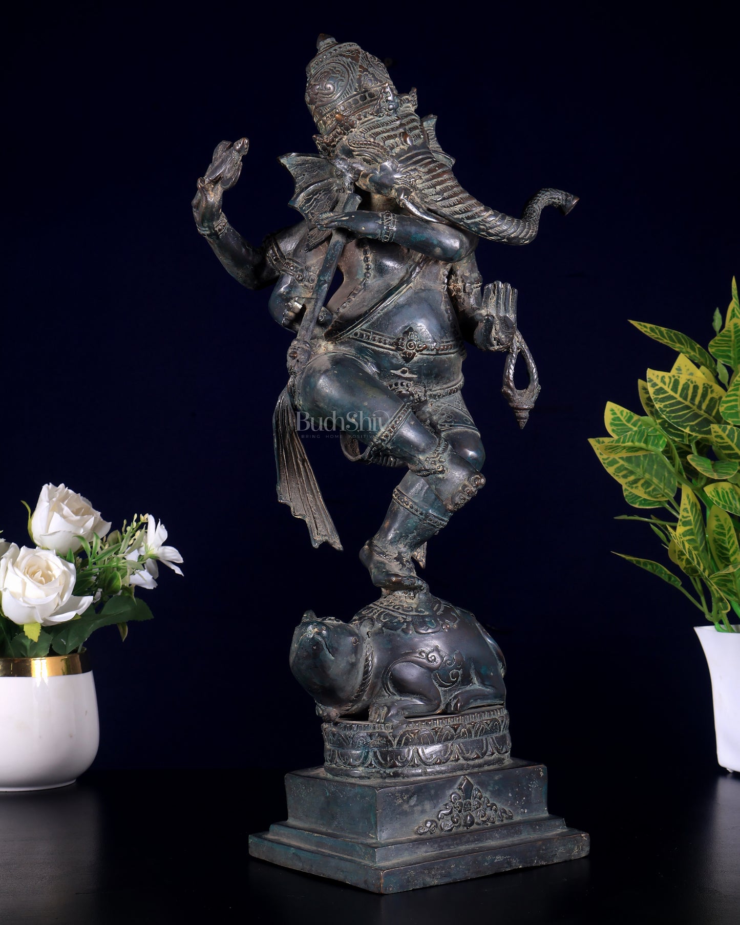 Bronze Dancing Ganesha Playing Flute on Mooshak statue | Lost Wax Casting | 16.5"