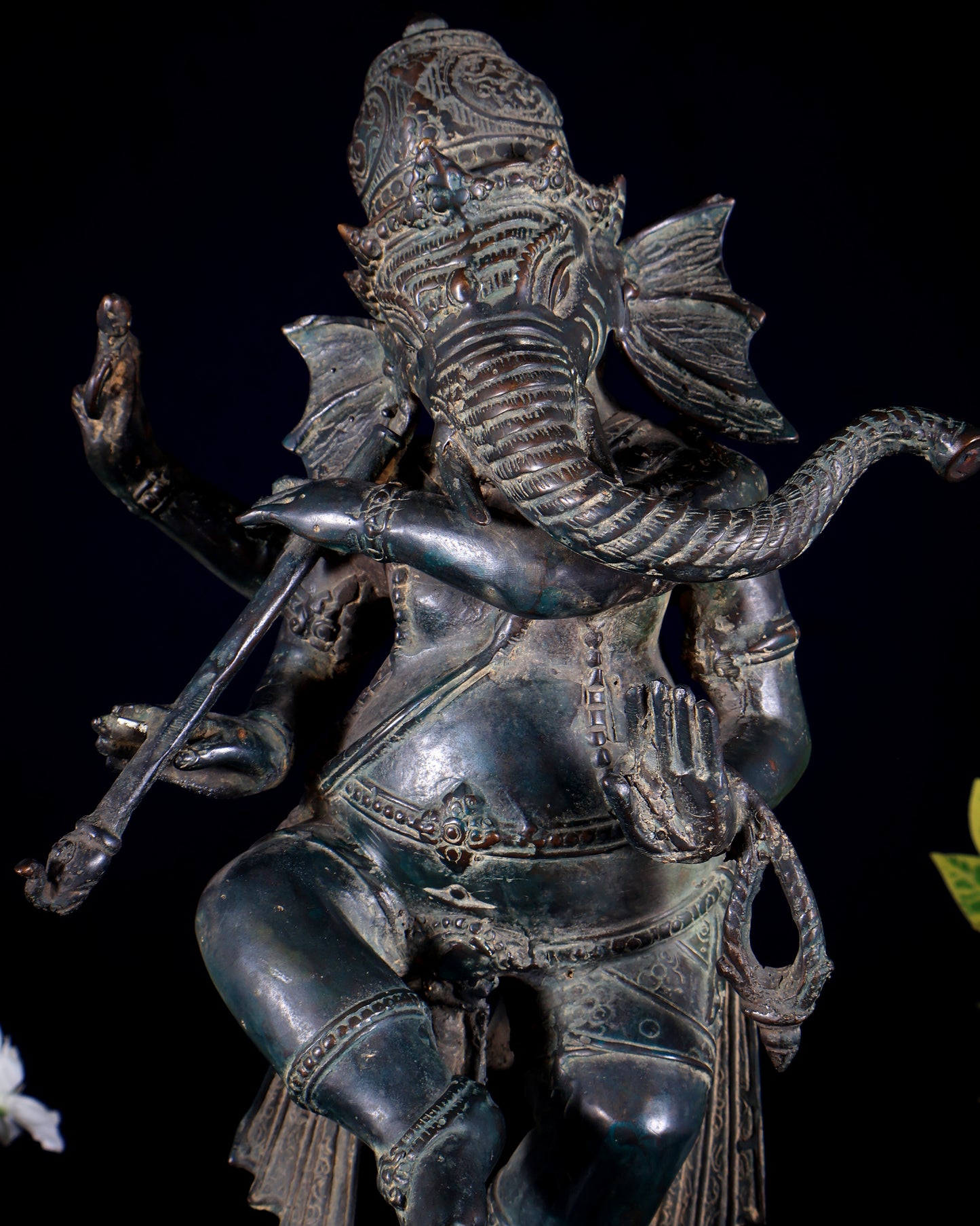Bronze Dancing Ganesha Playing Flute on Mooshak statue | Lost Wax Casting | 16.5"