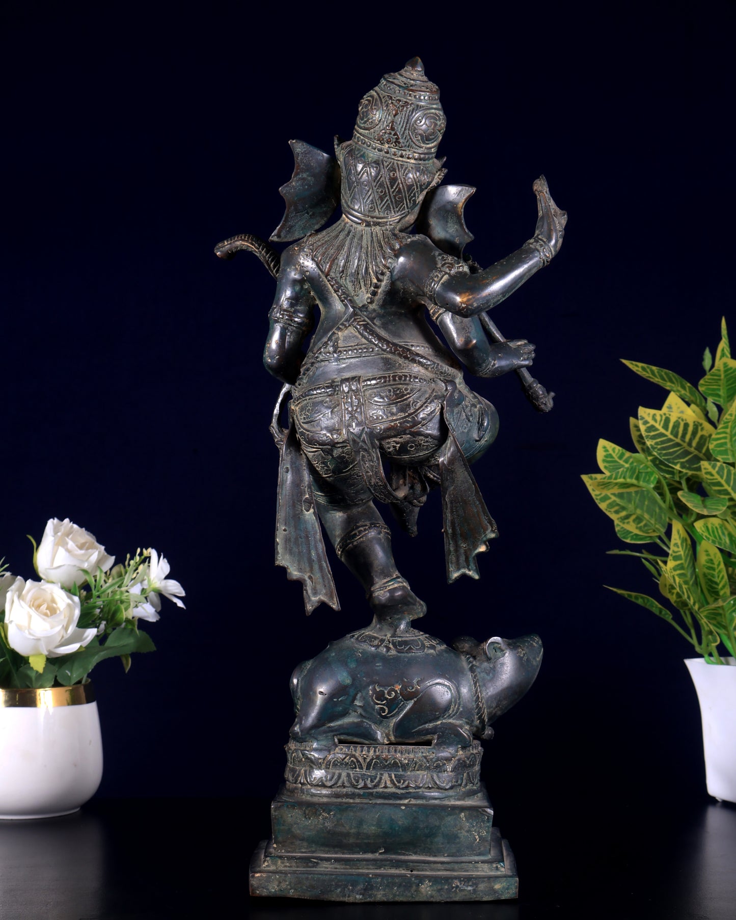 Bronze Dancing Ganesha Playing Flute on Mooshak statue | Lost Wax Casting | 16.5"