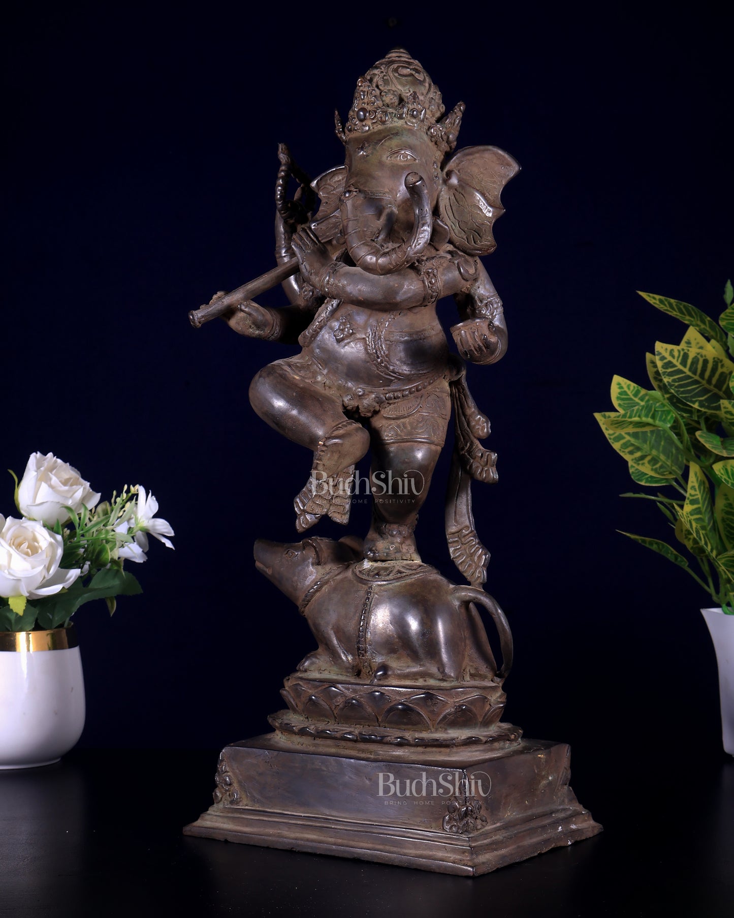 Bronze Dancing Ganesha Playing Flute Statue | Lost Wax Casting | 16.5"