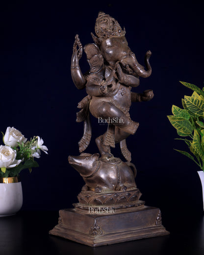 Bronze Dancing Ganesha Playing Flute Statue | Lost Wax Casting | 16.5"